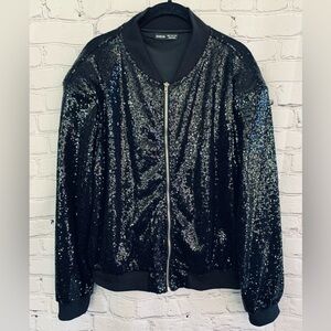 SHEIN Black Sequin Bomber Jacket